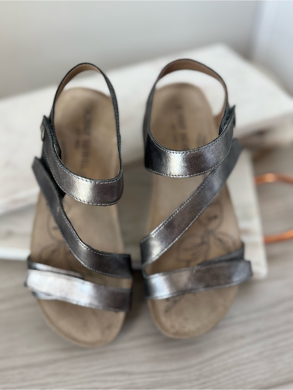 NEW-Josef Seibel Metallic Pewter Multi-Strap Women's Sandals